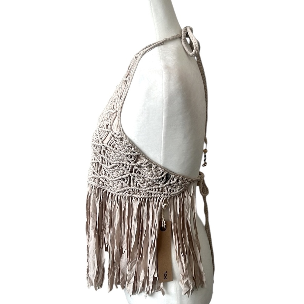 NWT POL Beige Macrame Fringe Halter Top Back Ties Beaded Trim Size Small - Picture 3 of 8